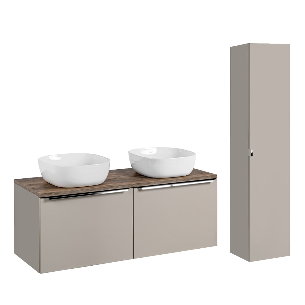 Ensemble meuble double vasque 120cm panneaux stratifiés et mdf taupe Ensemble meuble double vasque 120cm panneaux stratifiés et mdf taupe