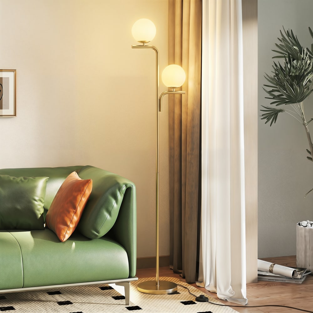 Lampadaire sur pied salon double tête verre et acier doré — vue 3