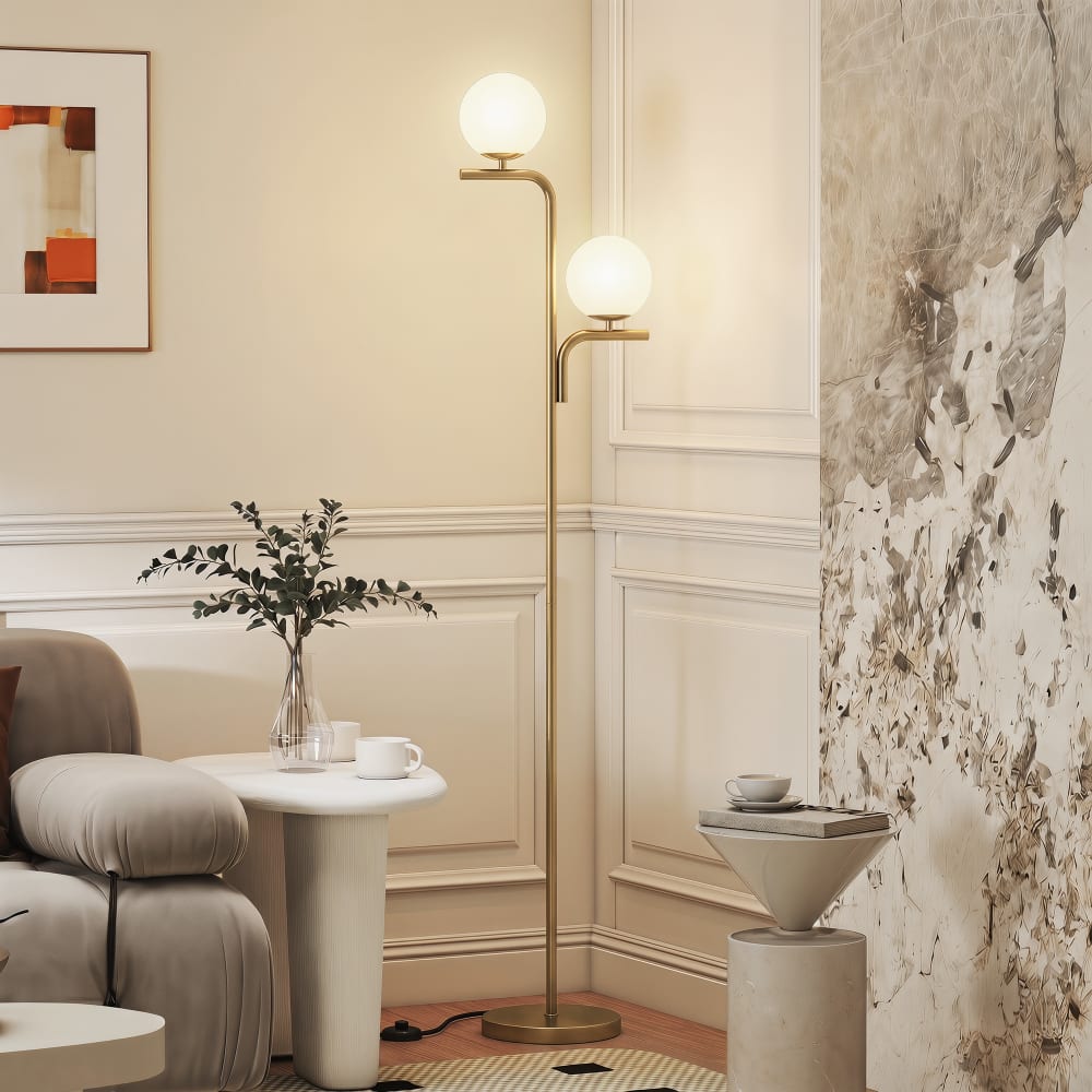 Lampadaire sur pied salon double tête verre et acier doré — vue 4