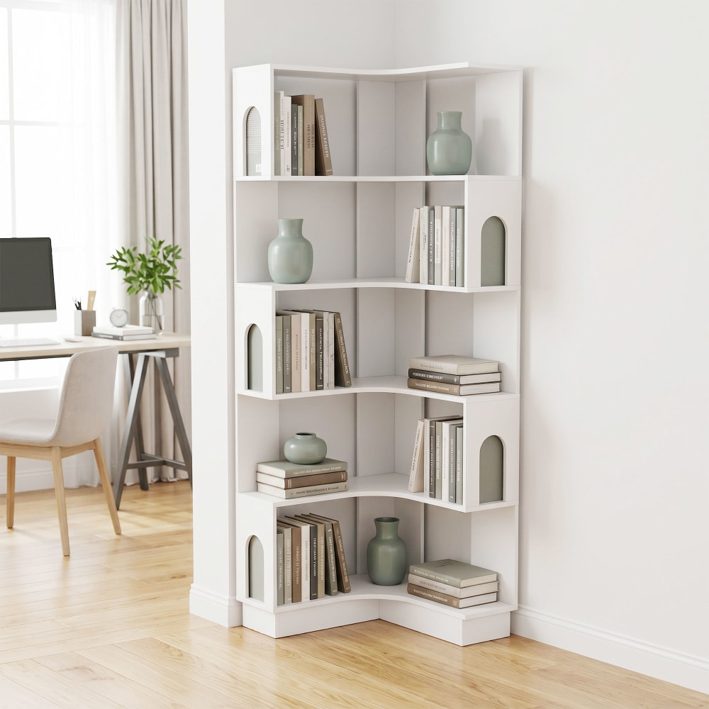 Bibliothèque d'angle étagère de rangement à 6 niveaux bois blanc
