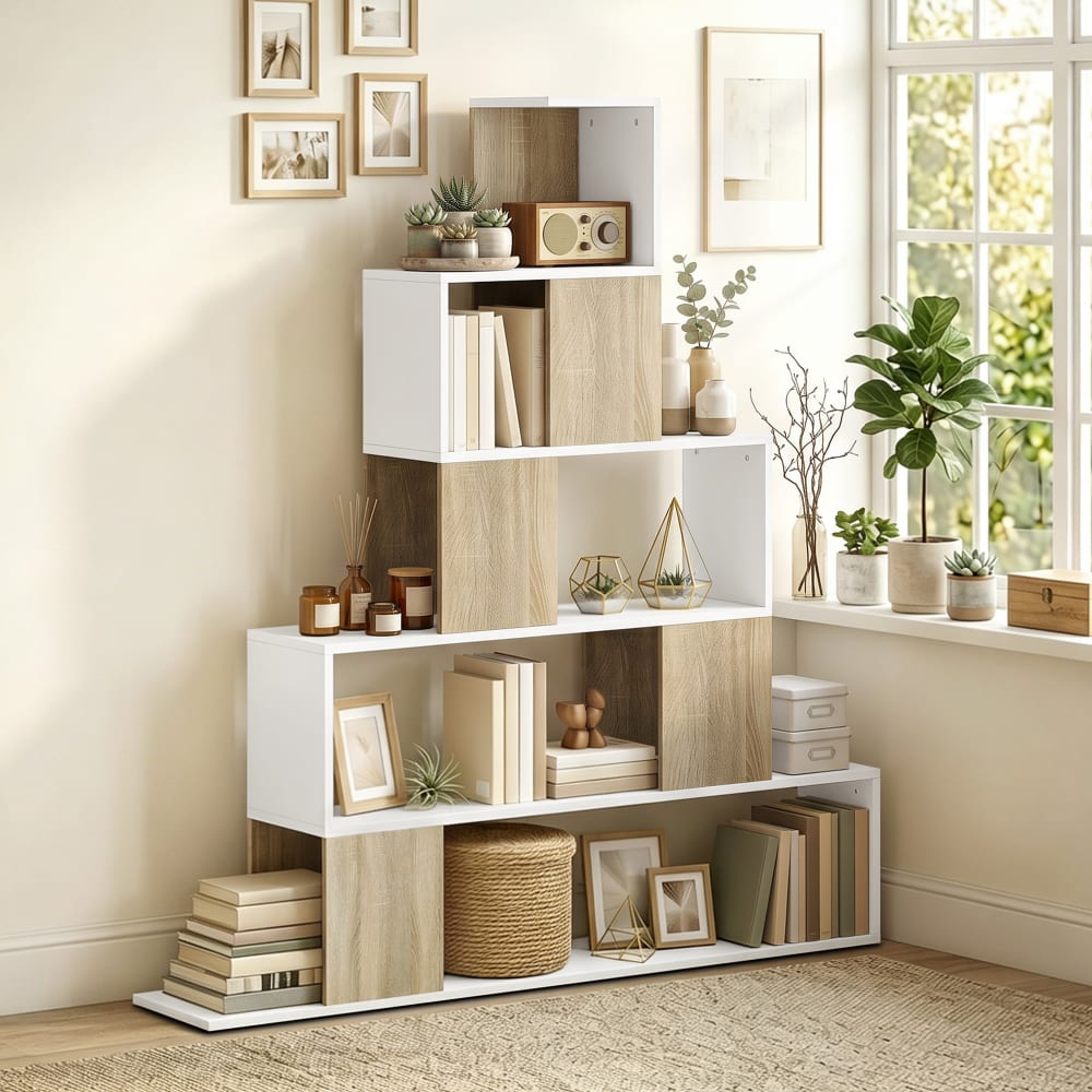Étagère de rangement bibliothèque 5 niveaux bois blanc et naturel