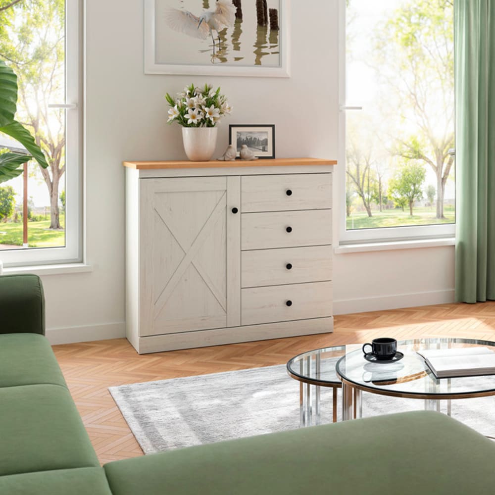 Commode 1 porte 4 tiroirs panneaux de particules blanc