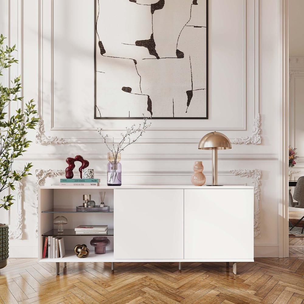 Buffet bas 2 portes et pieds en métal - blanc polaire