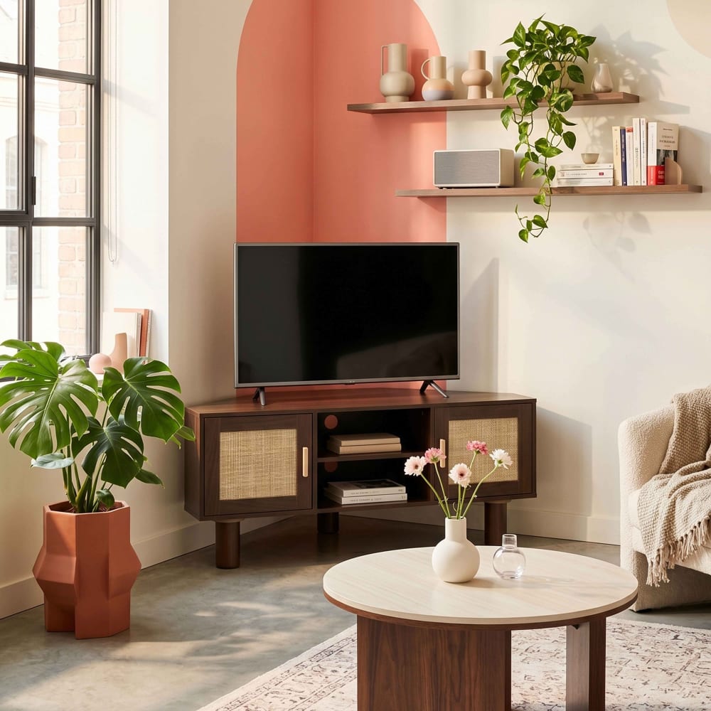 TV-Möbel Holzoptik 120 cm Kunstrattan skandinavisch dunkelbraun -