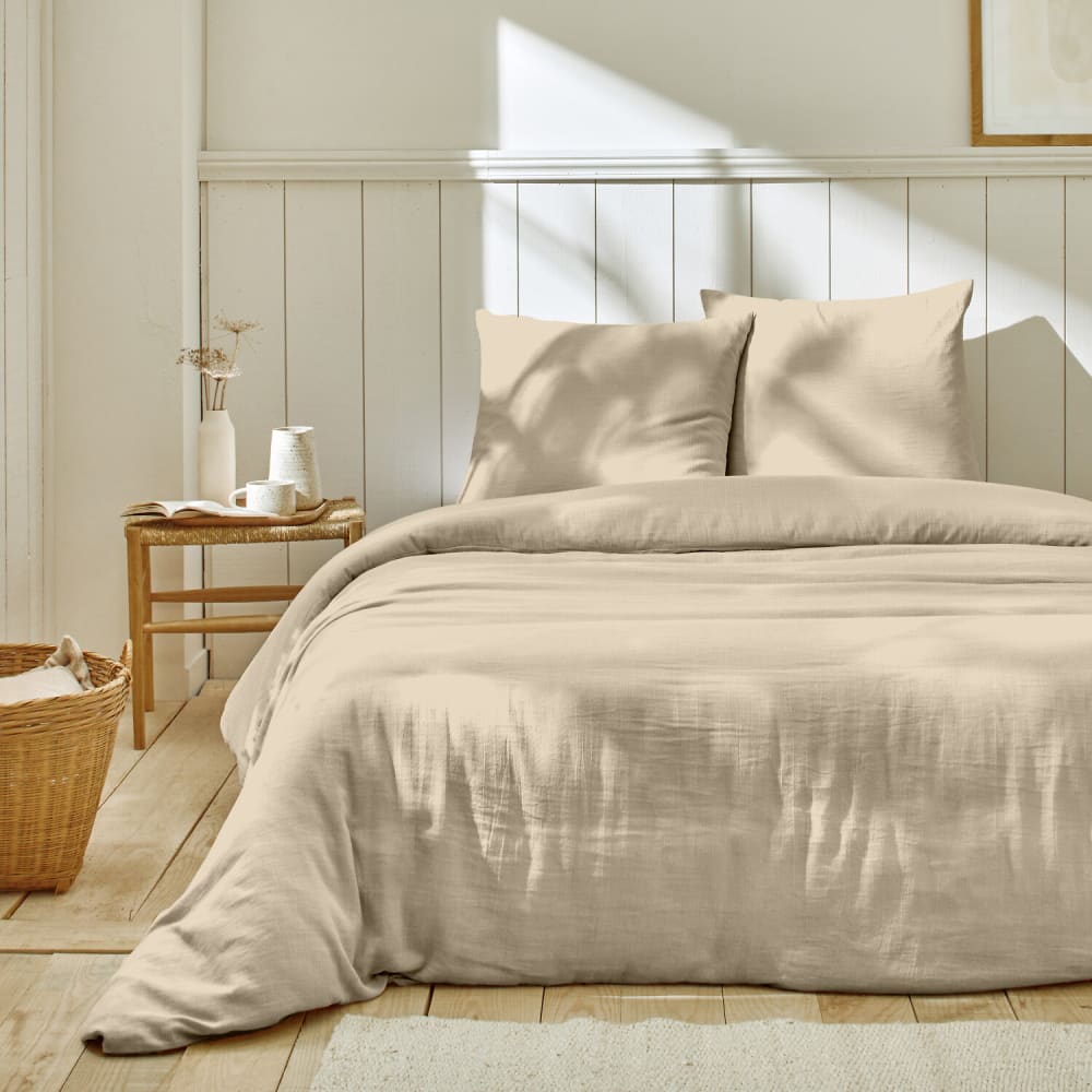 Parure de lit + 2 taies gaze coton beige 260x240