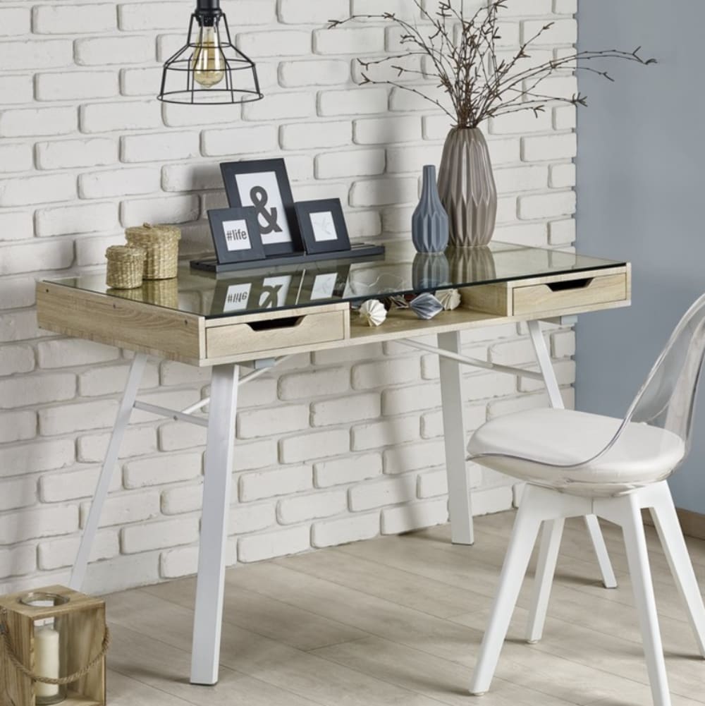 Bureau scandinave bois et verre avec tiroirs 120x60cm