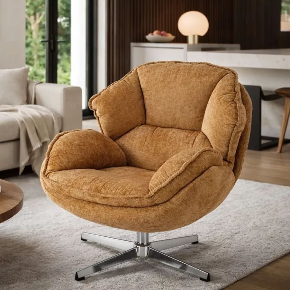 Fauteuil en tissu de polyester jaune moutarde pivotant