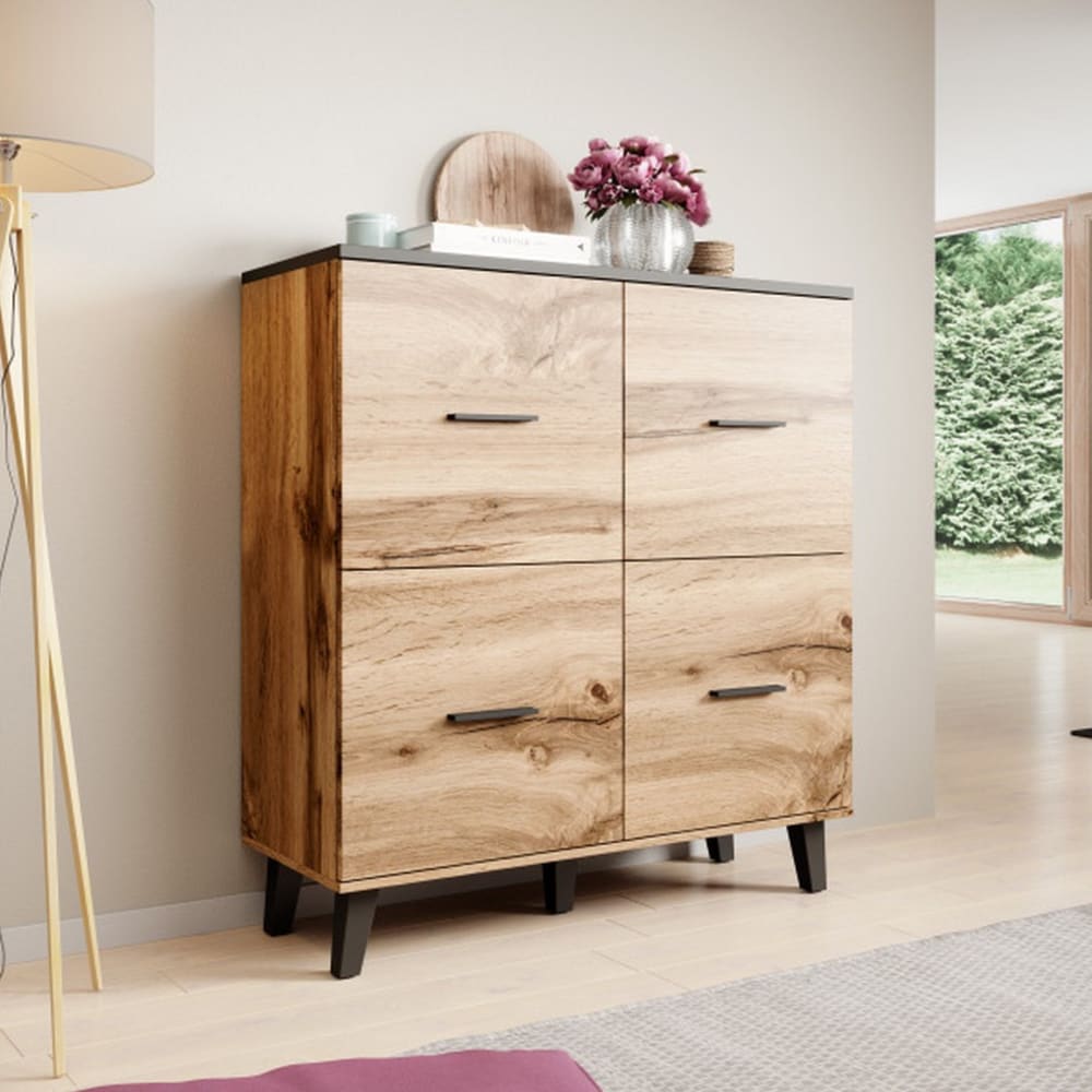 Hohes Sideboard im Eichen- und mattschwarzen Stil mit 4 Türen -