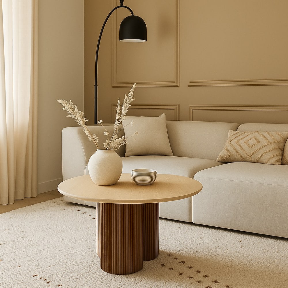 Petite table basse ronde  travertin et bois 80cm