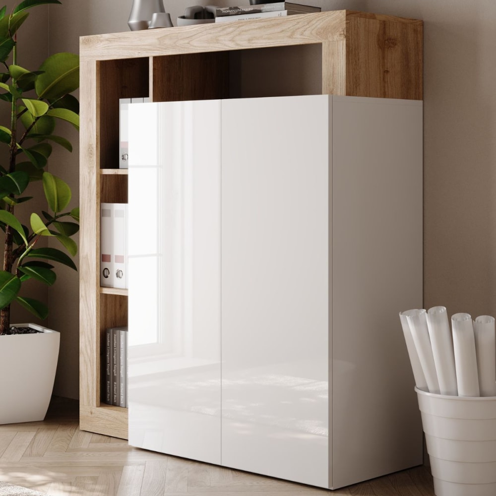Bureau secrétaire 2 portes blanc laqué et aspect bois cadiz