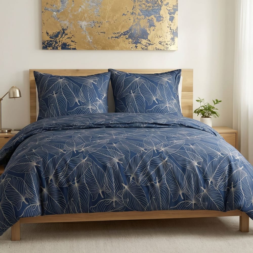 Parure housse couette 240x220cm 2 taies feuilles bleu beige en coton