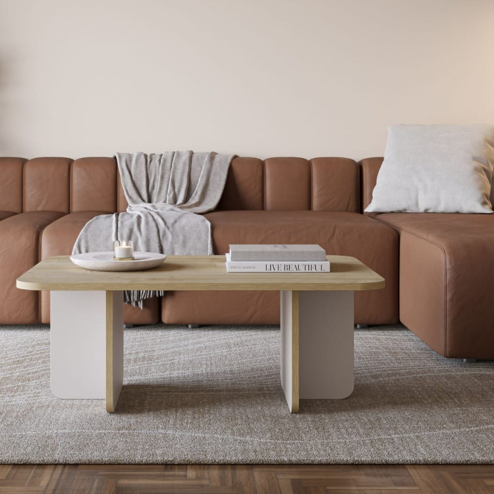 Table basse rectangulaire mélaminé plateau imitation bois pieds beige