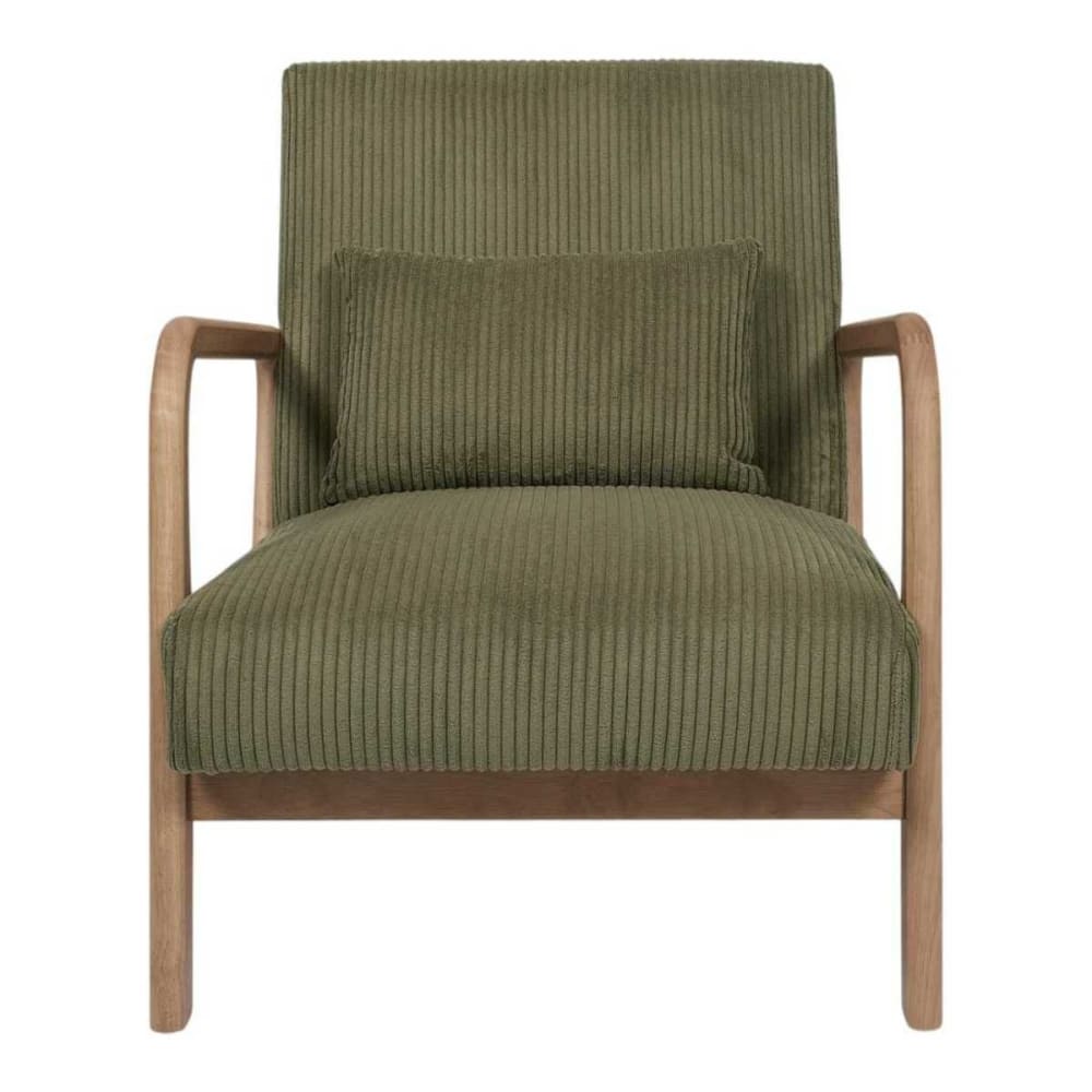 Fauteuil en velours côtelé coloris vert pieds et accoudoirs en hévéa