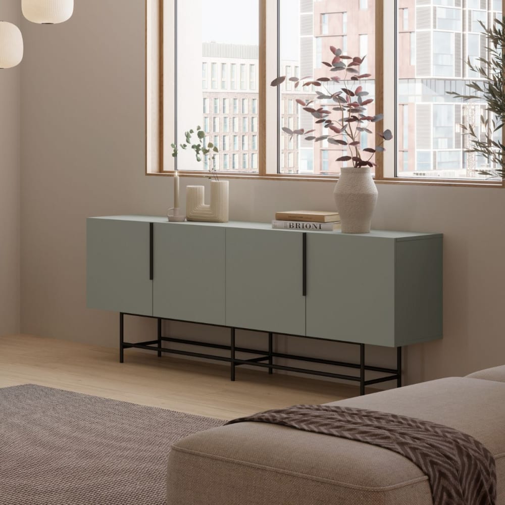 Buffet 4 portes mélaminé vert kaki pieds poignées métal noir