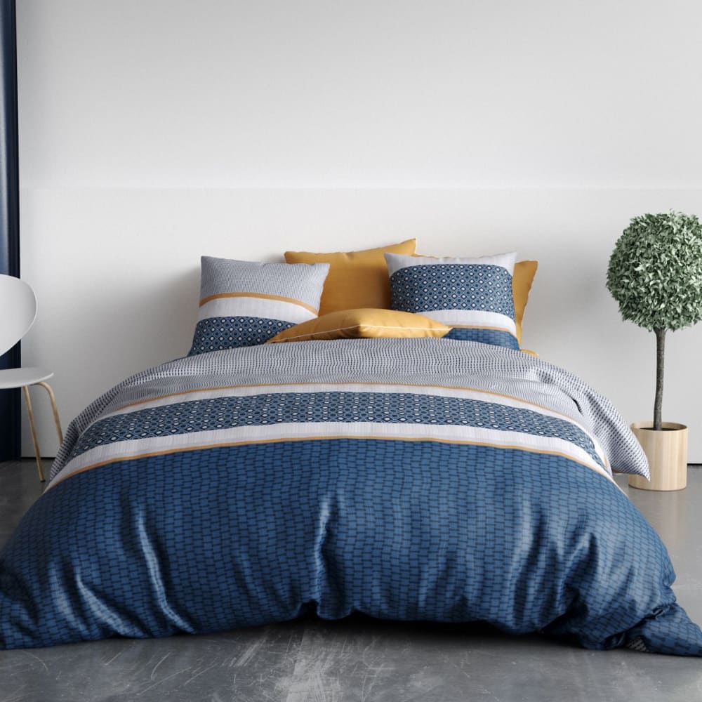 Parure housse couette 260x240cm 2 taies graphique bleu en coton
