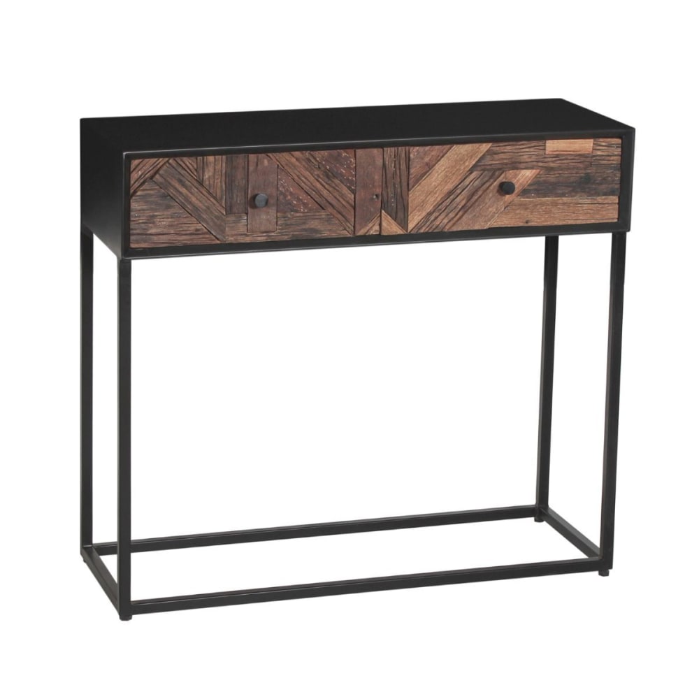 Console 2 tiroirs en métal noir et bois recyclé Console 2 tiroirs en métal noir et bois recyclé