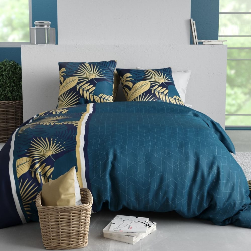 Parure housse couette 260x240cm 2 taies tropical bleu en coton