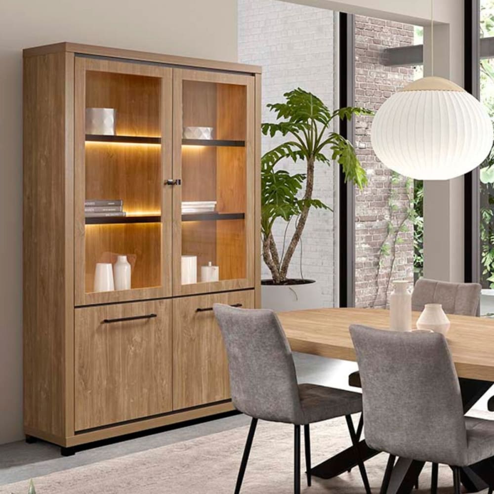 Vitrine 4 portes avec leds bois houston oak poignées métal noires