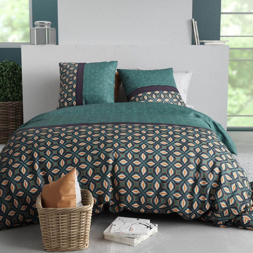 Parure housse couette 260x240cm 2 taies art-déco vert en coton