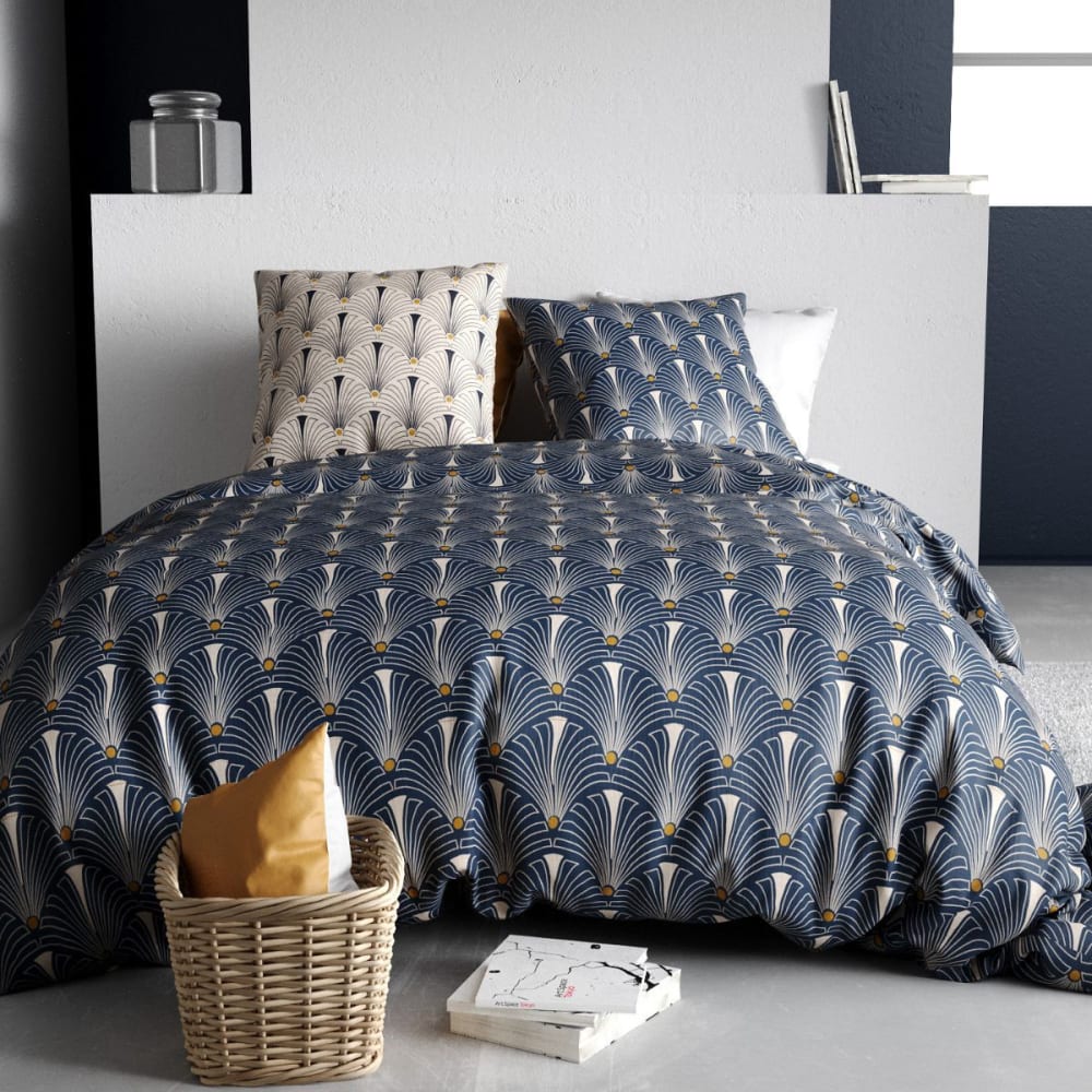 Parure housse couette 240x220cm 2 taies art-déco bleu beige en coton