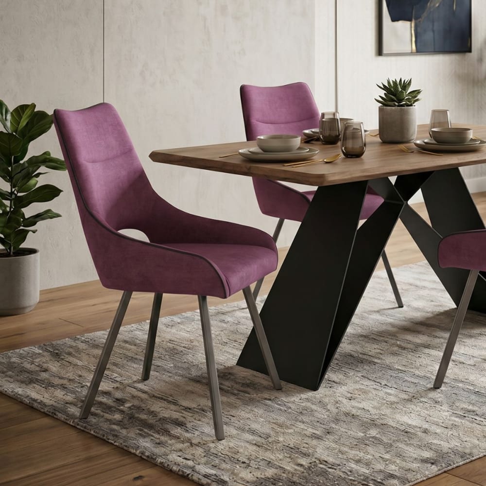 Lot de 2 chaises tissu coloris violet pieds métal laqué gris