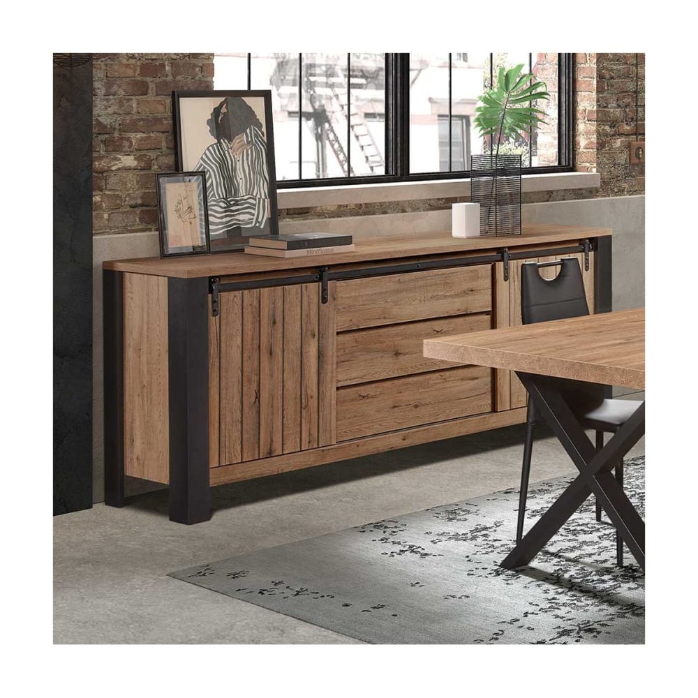 Buffet 2 portes coulissantes 3 tiroirs métal et aspect bois
