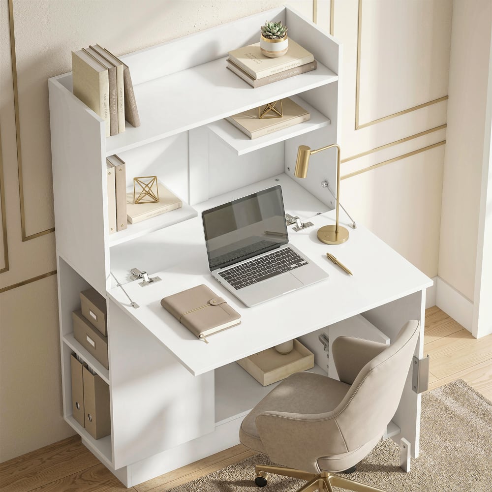 Bureau informatique pliant avec étagères de rangement bois blanc