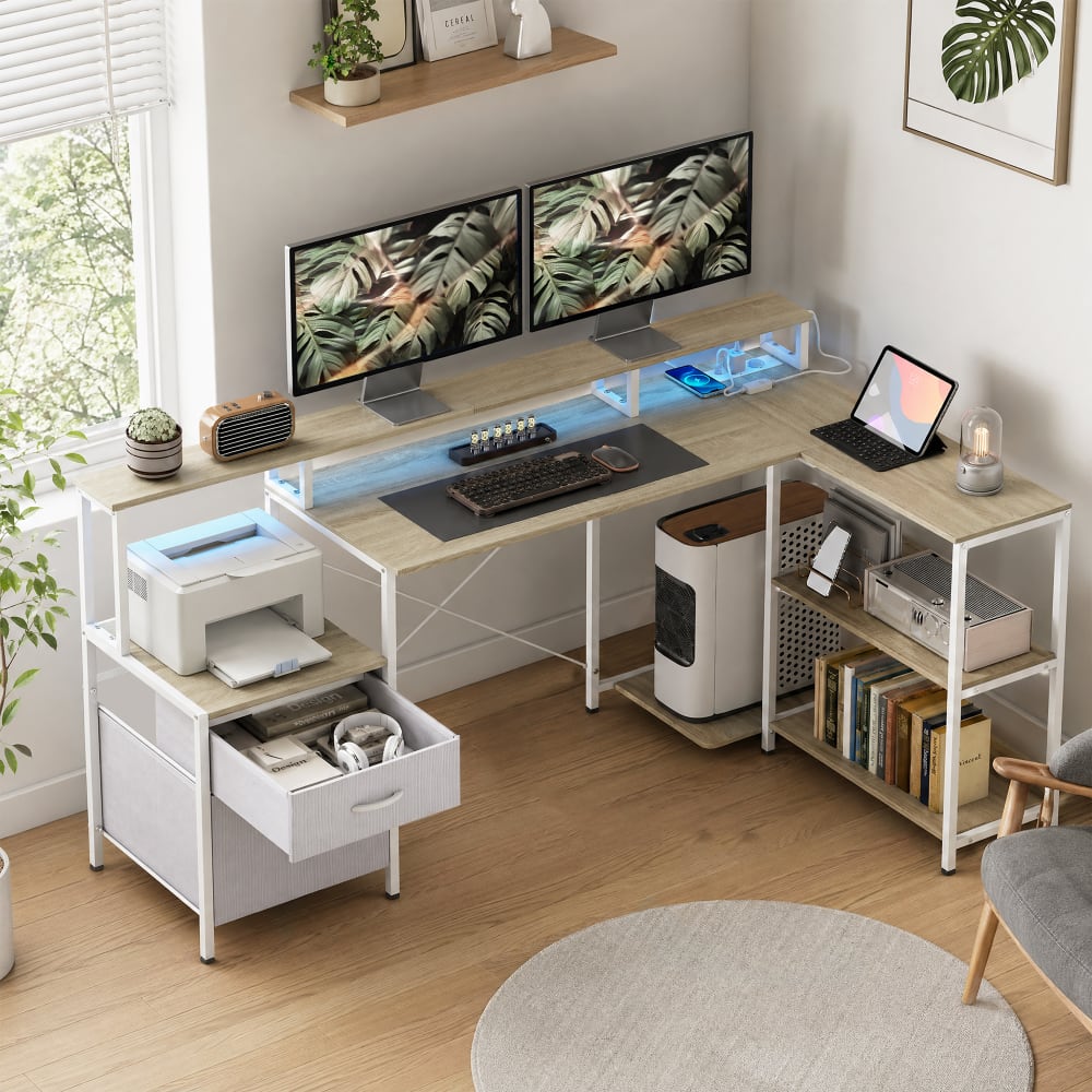 Bureau d'angle avec prises et lumières led rgb bois blanc
