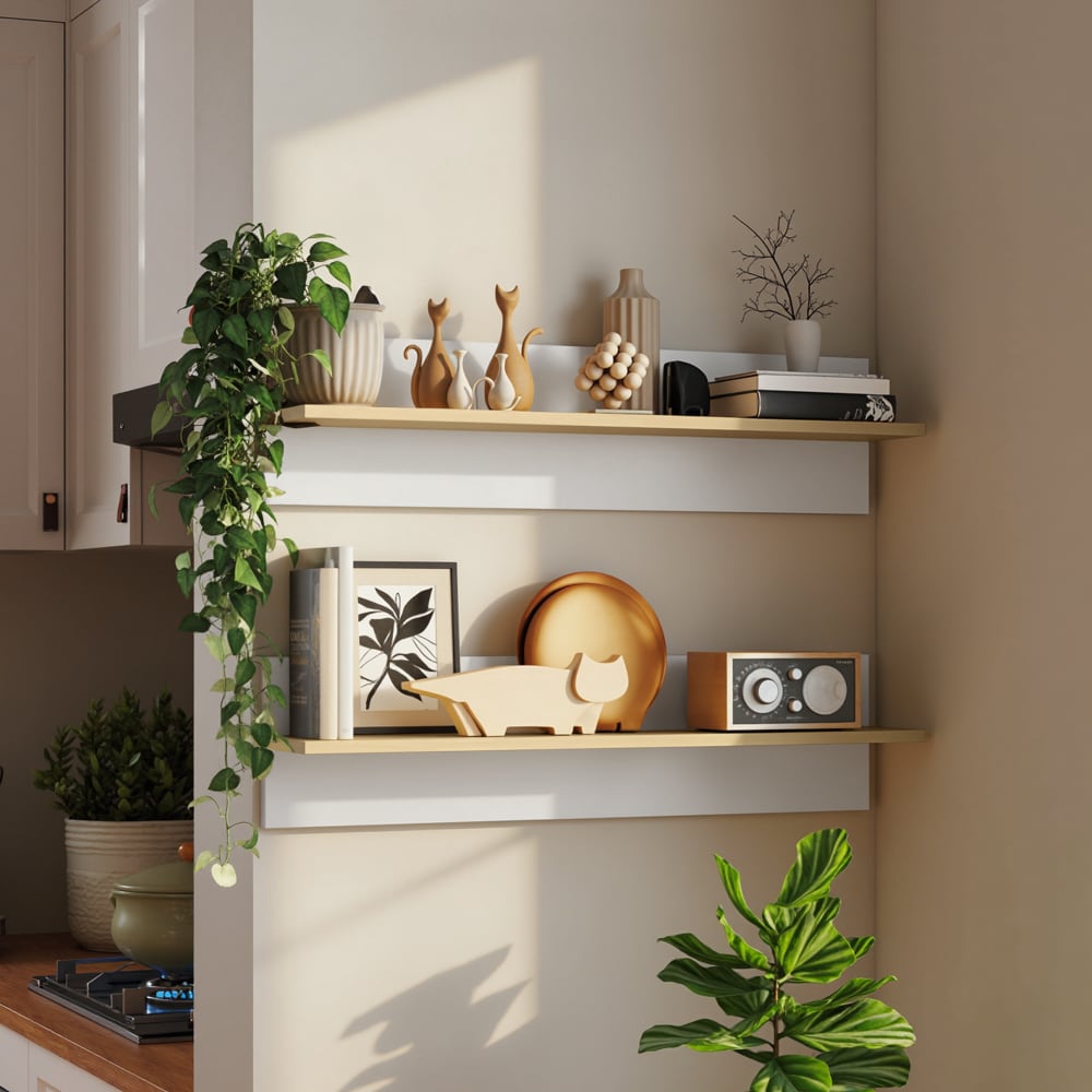 Lot de 2 étagères murales panneaux de particules blanc et bois naturel