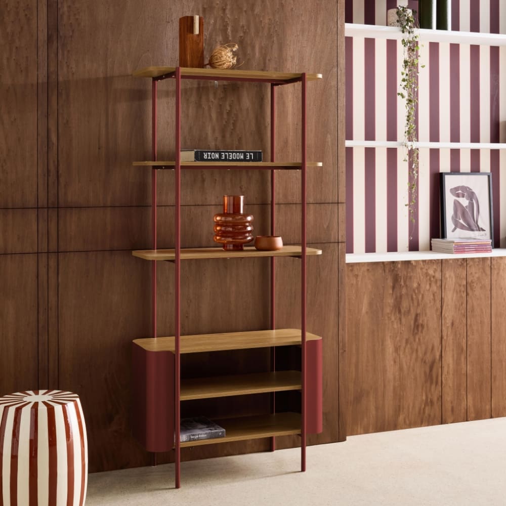 sweeek Bücherregal mit Metall und Holzdekor, 6 Ebenen, rot style modern - Spanplatte