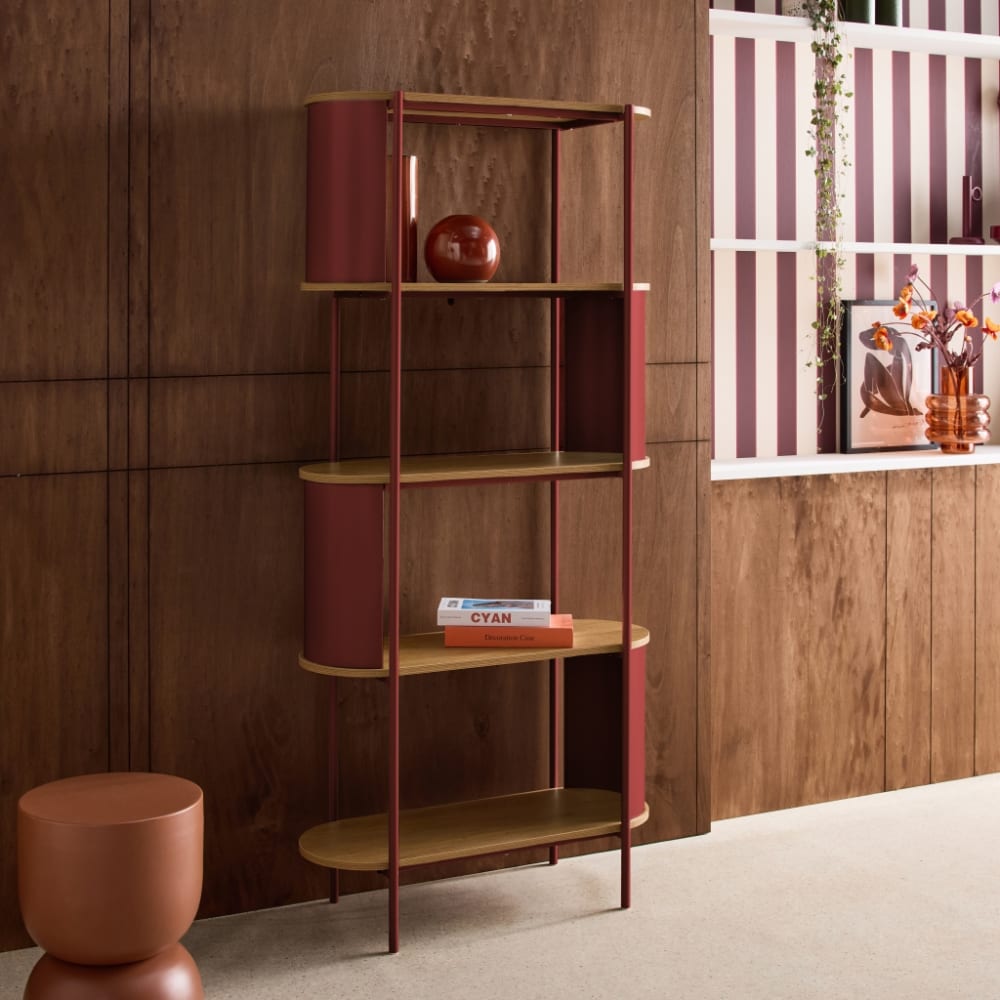 sweeek Bücherregal aus Metall mit Holzdekor, 5 Ebenen, rot style modern - Spanplatte