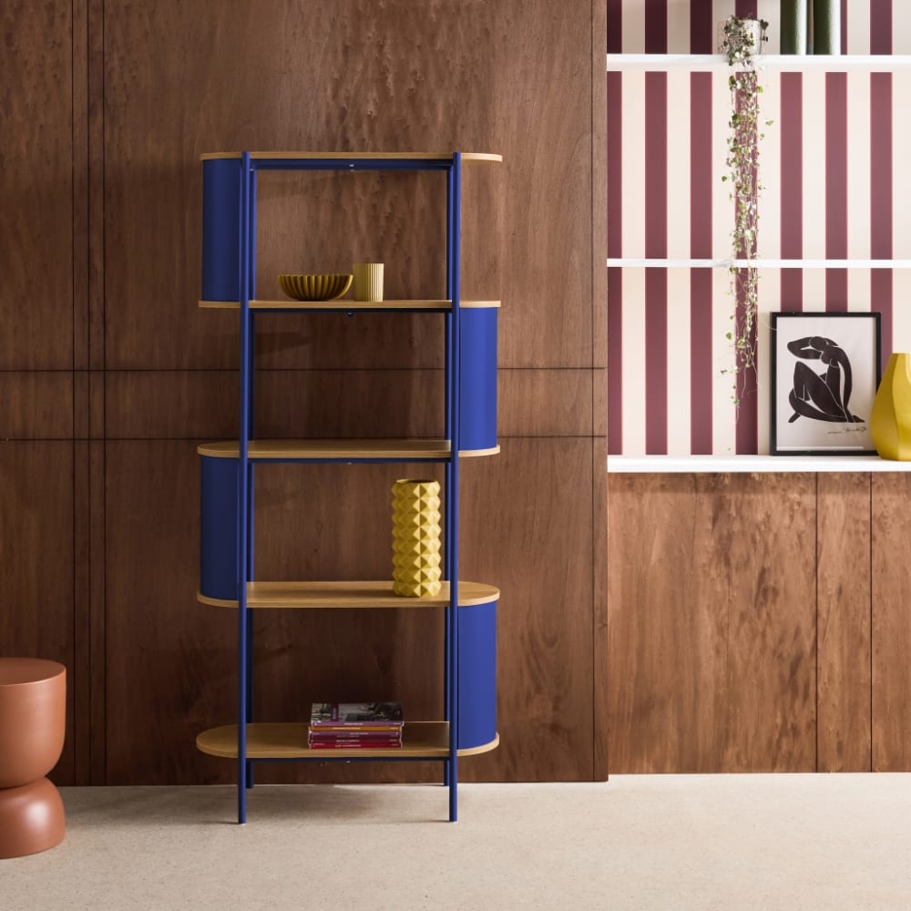 sweeek Bücherregal aus Metall mit Holzdekor, 5 Ebenen, blau style modern - Spanplatte
