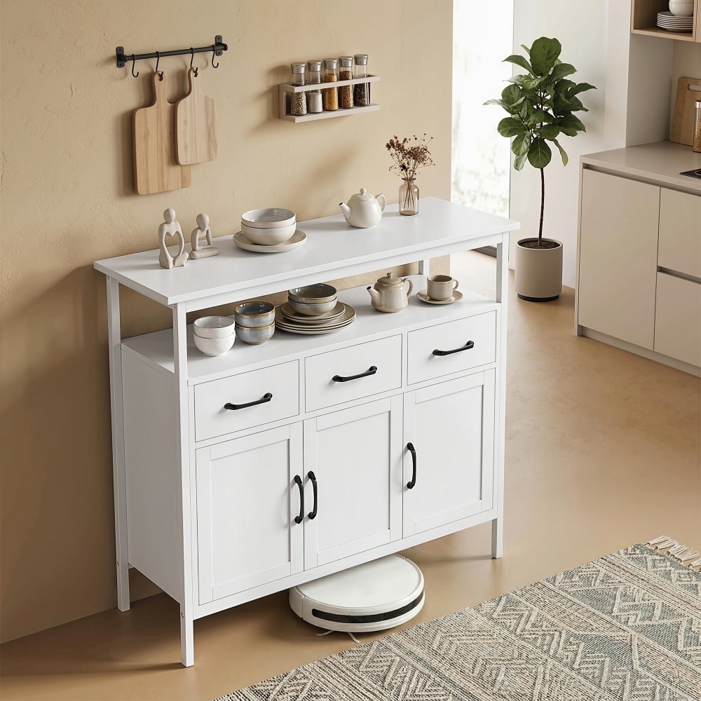 Buffet cuisine 3 portes 3 tiroirs étagères réglables bois blanc