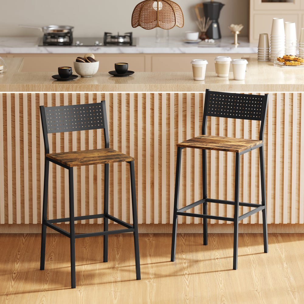 Lot de 2 tabourets de bar dossier repose-pieds métal mdf brun rustique