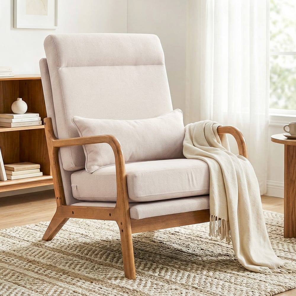 Fauteuil salon large assise support lombaire lin et bois massif crème