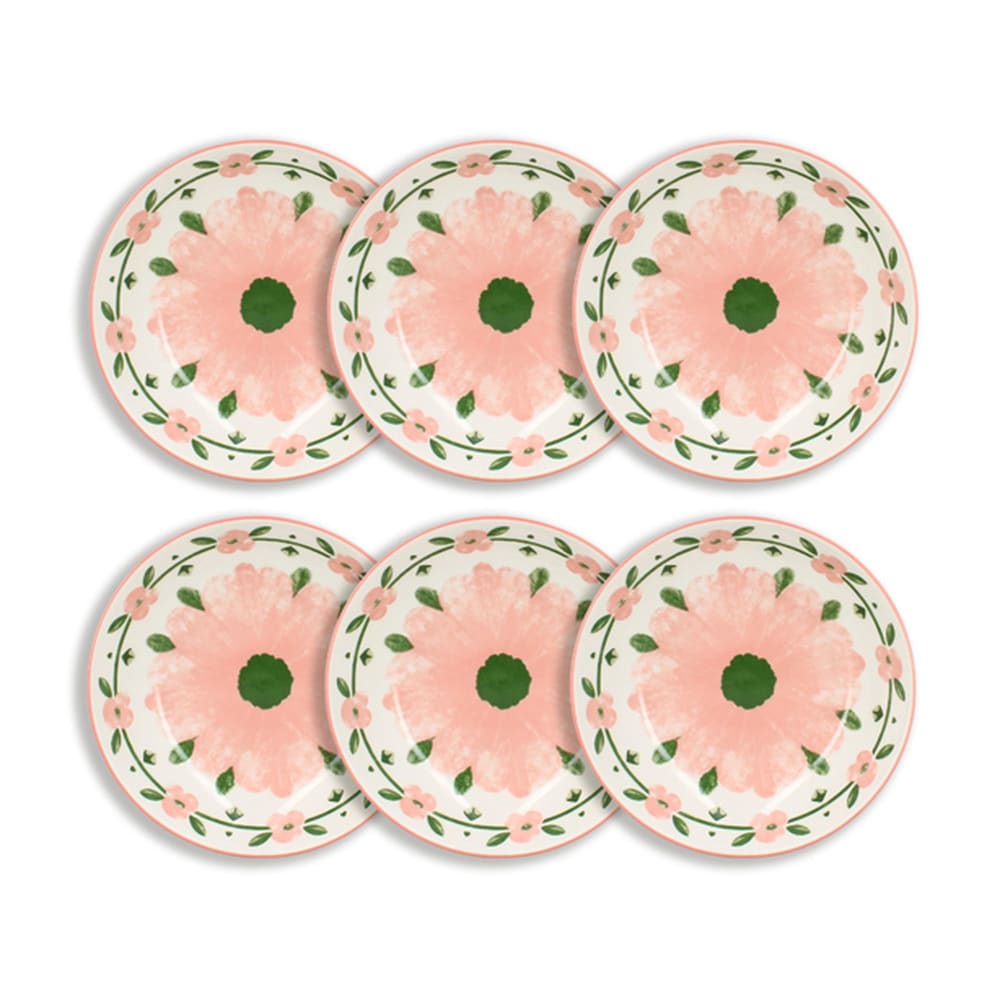Lot de 6 assiettes creuses 20cm en porcelaine blanc et rose floral