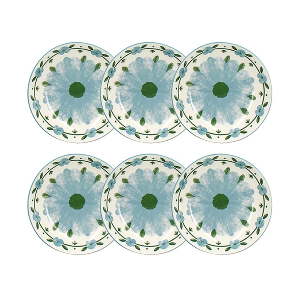 Lot de 6 assiettes creuses 20cm en porcelaine blanc et bleu floral
