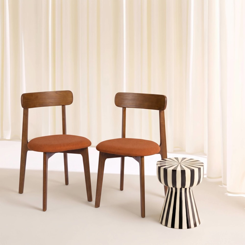 Lot de 2 chaises bois d'hévéa noyer et tissu texturé terracotta