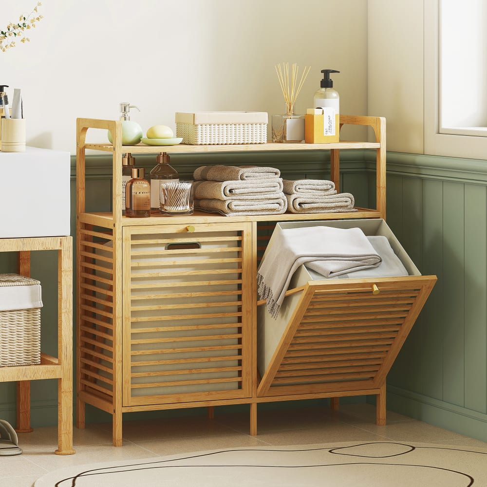 Meuble salle de bain avec panier à linge en bambou bois naturel