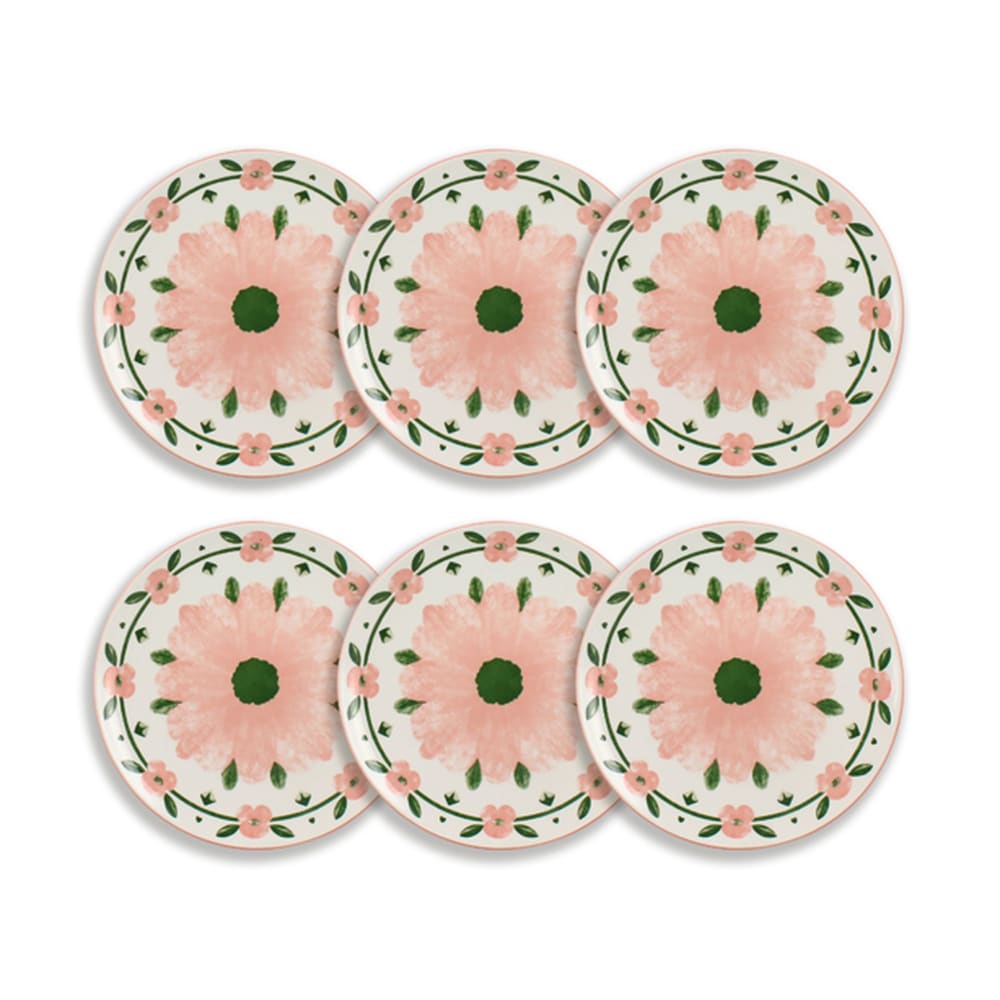 Lot de 6 assiettes plates 27cm en porcelaine blanc et rose floral