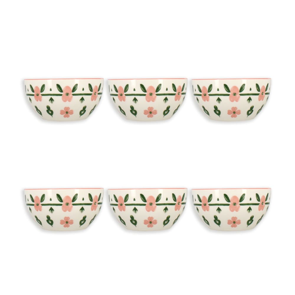 Lot de 6 bols 60cl en porcelaine blanc et rose floral