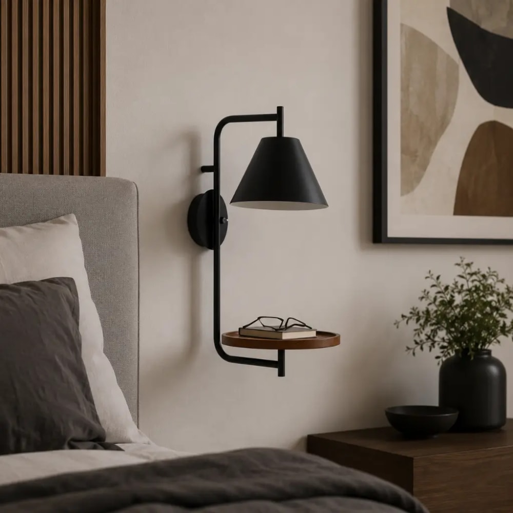 Applique murale métal noir effet bois avec tablette e27 — vue 4