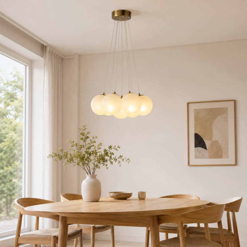 Suspension métal doré verre effet albâtre 7 globes ø15 cm — vue 3