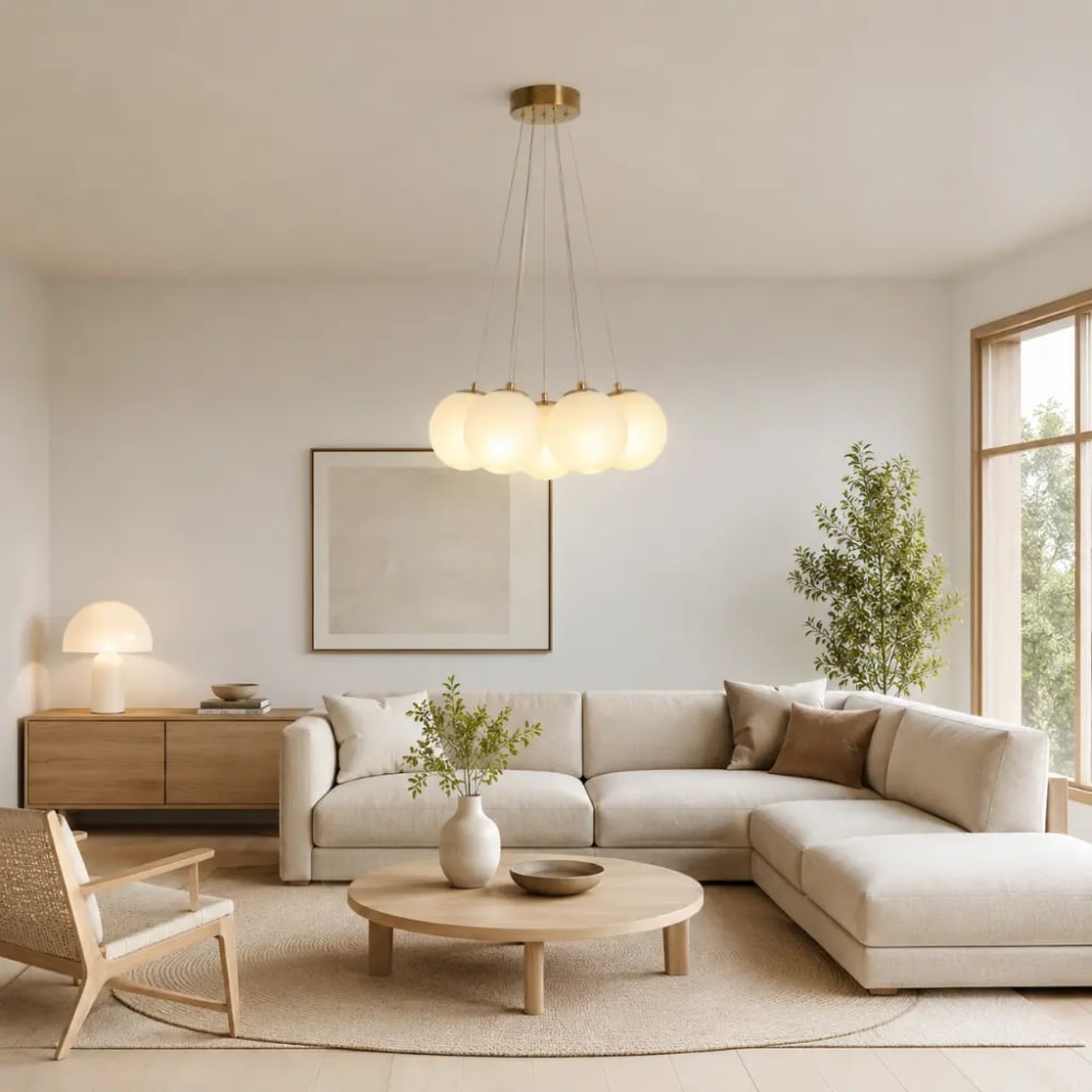 Suspension métal doré verre effet albâtre 7 globes ø15 cm — vue 4