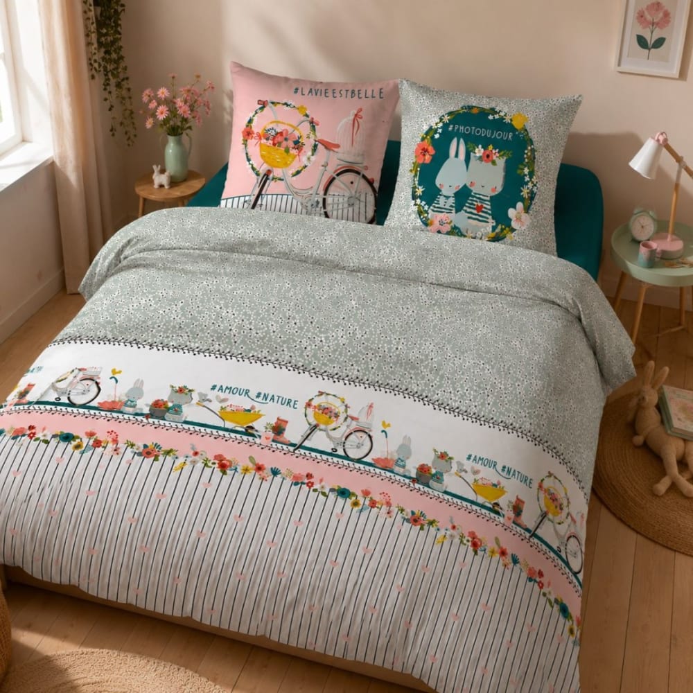 Parure de lit coton fleuri housse couette 200x200cm 2 taies d'oreiller