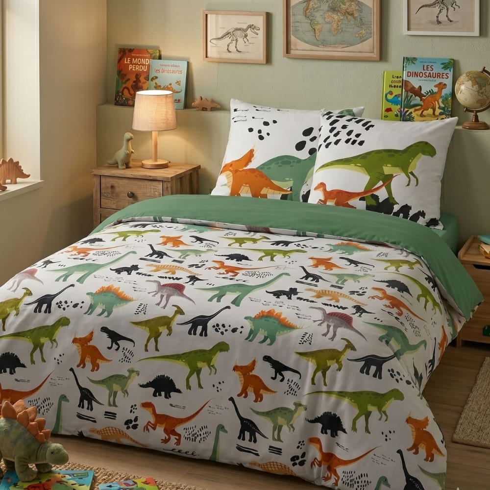 Parure de lit coton dino housse couette 200x200cm 2 taies d'oreiller