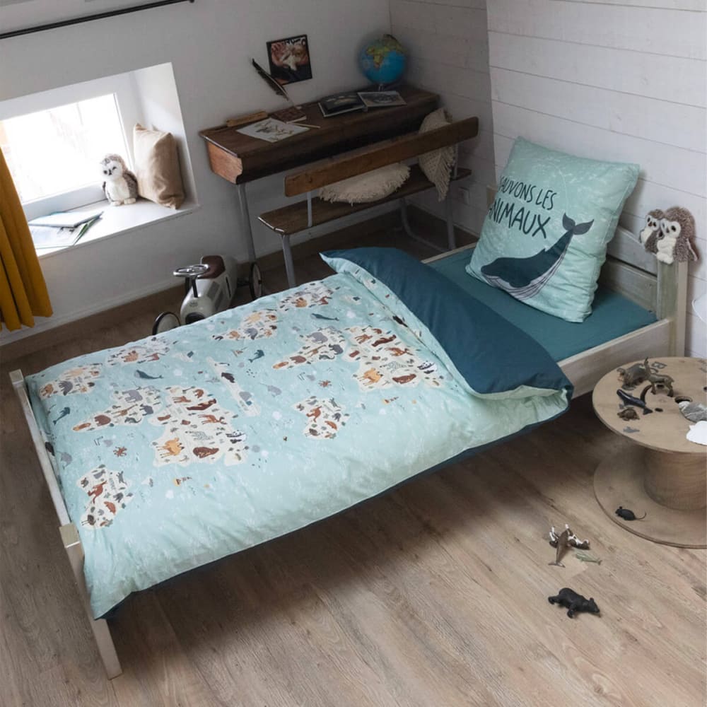 Parure de lit coton monde housse couette 140x200cm taie d'oreiller
