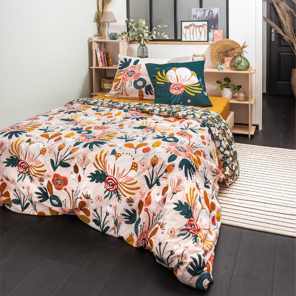Parure de lit coton rétro housse couette 240x220cm 2 taies d'oreiller