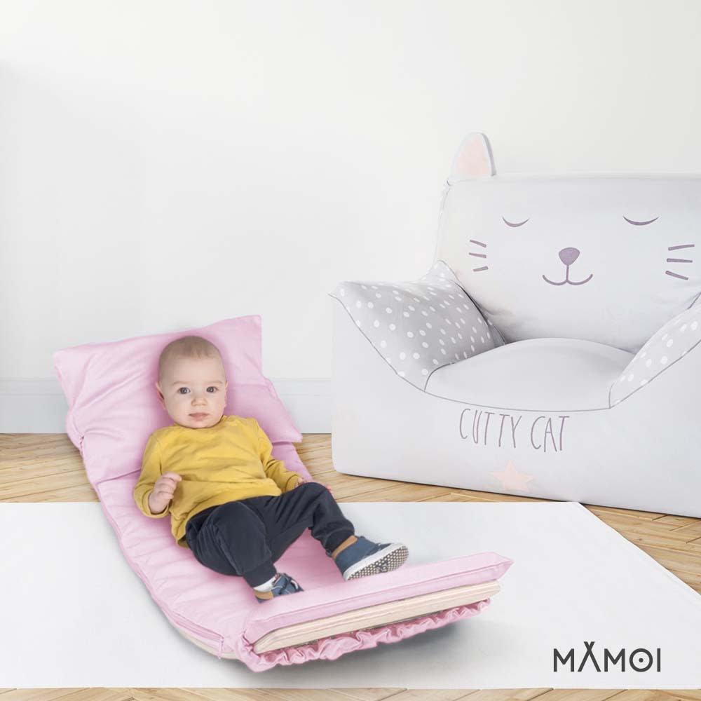 Planche d'équilibre pour enfant en contreplaqué et matelas rose (Mamoi) - Image 1