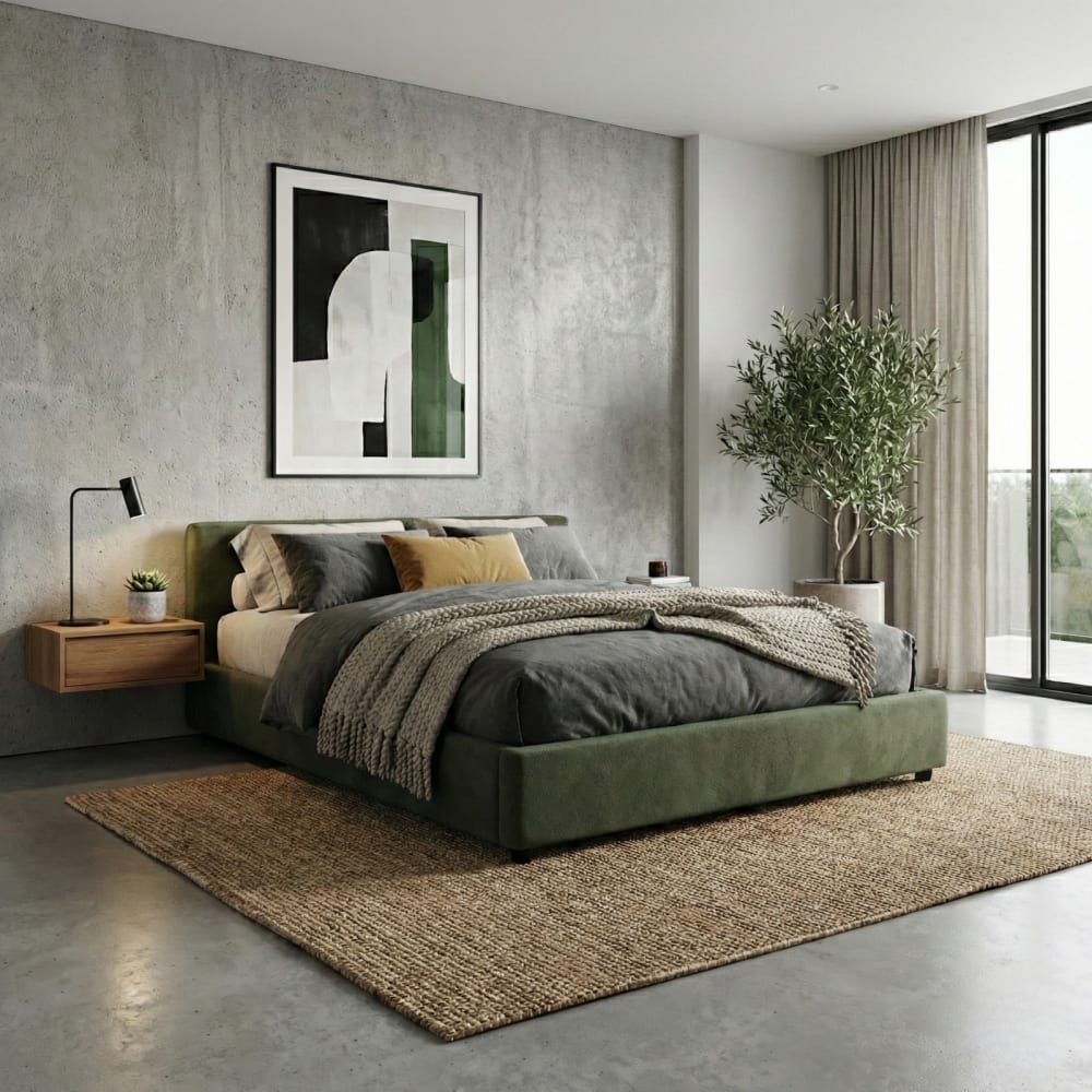 SAMPUR Bett mit Stauraum Bouclé Olive mit Lattenrost 160x200 cm style modern Grün Spanplatte